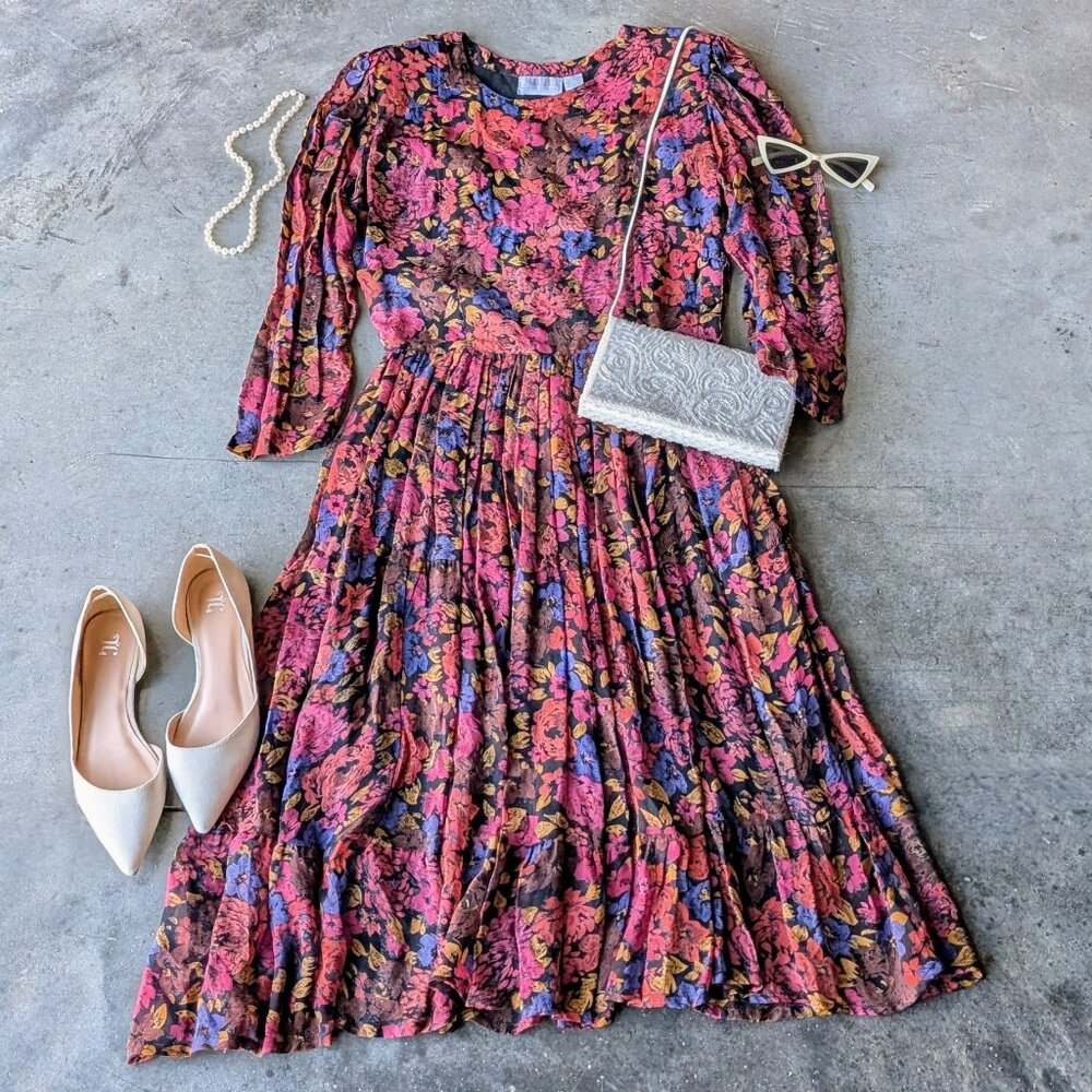 Vintage 80s Dark Pink Floral Long Sleeve Pleated Midi Party Dress medium